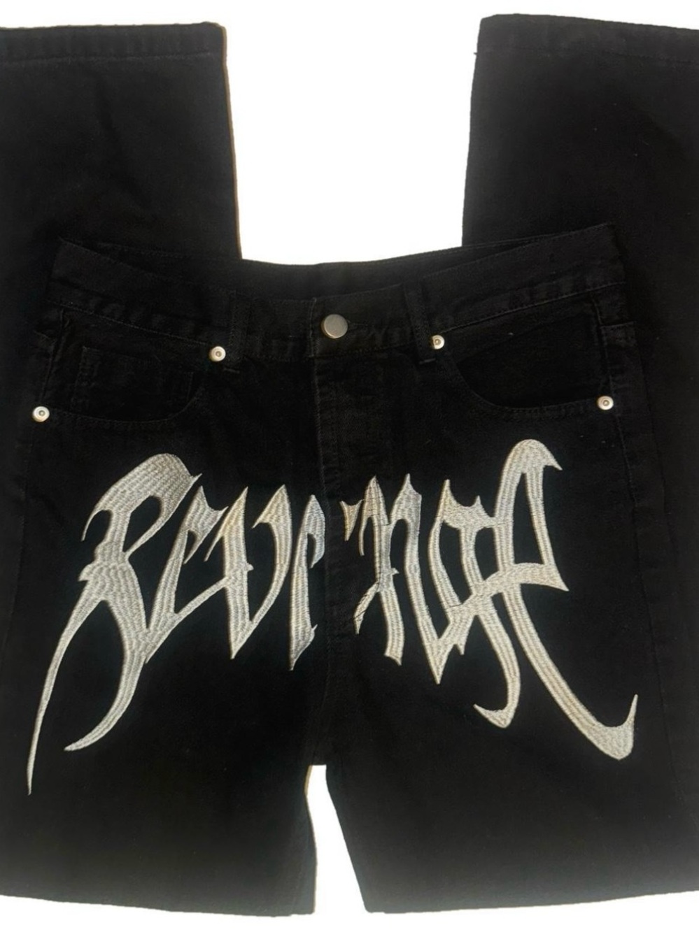 Revenge Spellout Unisex Embroidered Black Denim Jeans